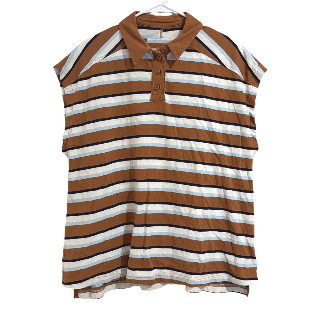 Aerie Brown Blue Striped Sleeveless Polo Shirt Size Relaxed Fit MEDIUM